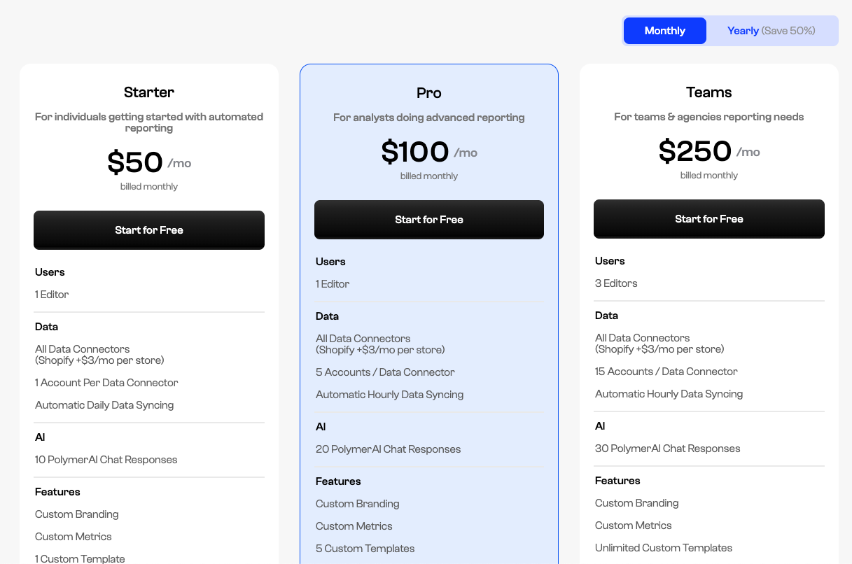 polymer ai pricing page screenshot