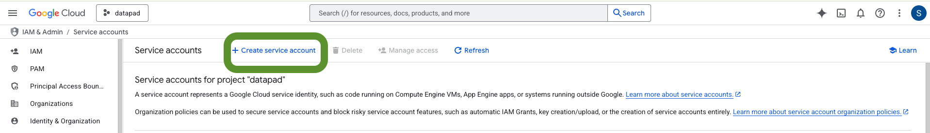 Google Cloud service account creation
