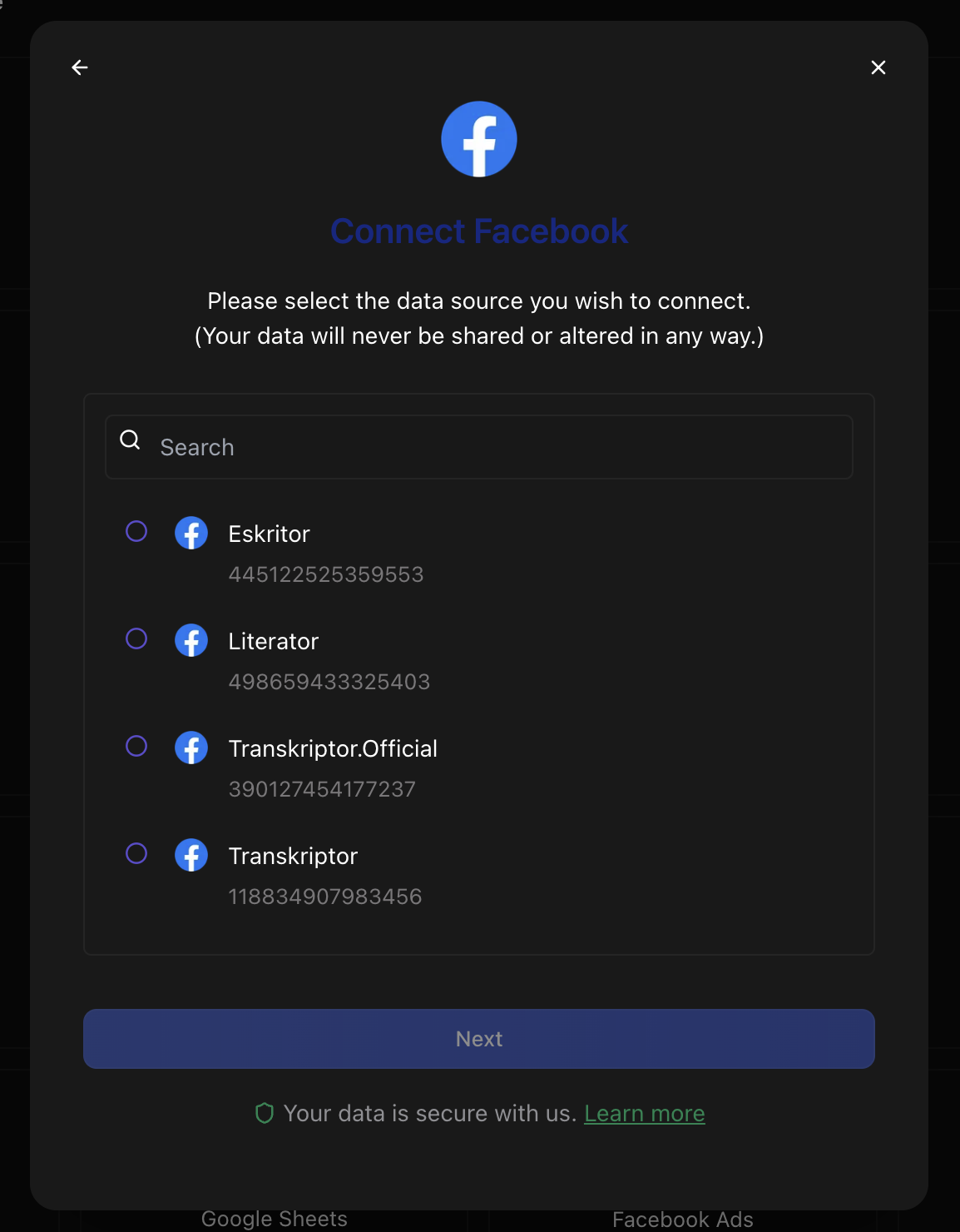 Facebook Page selection