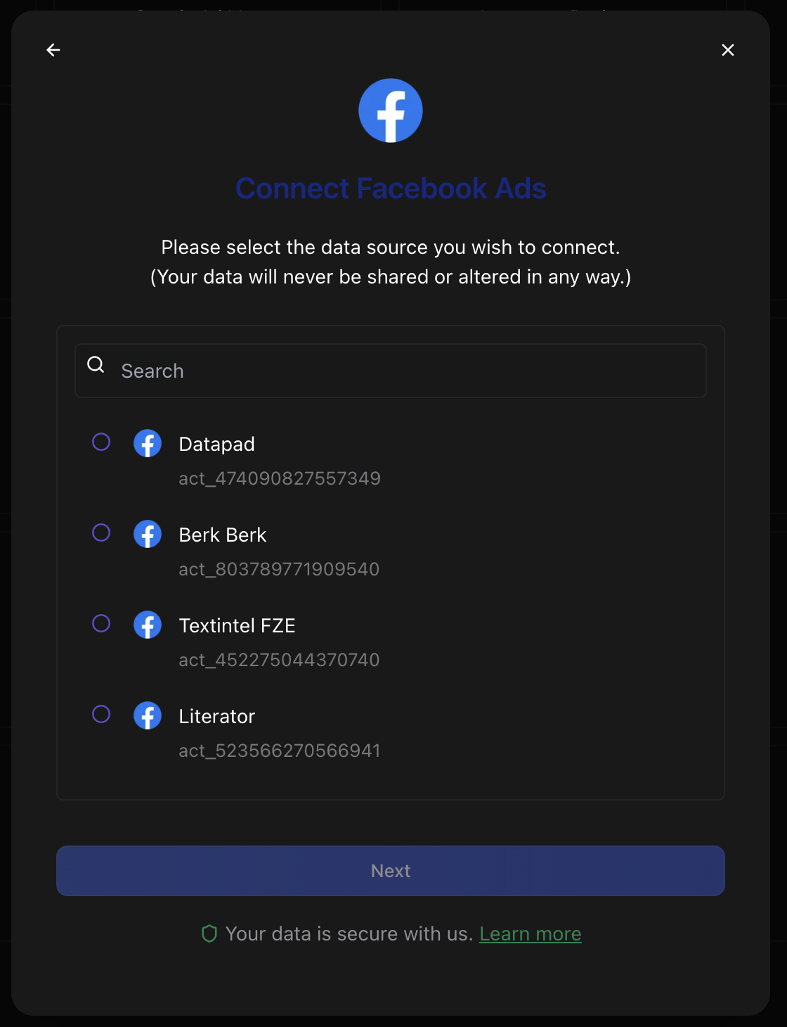 Facebook Ads account selection