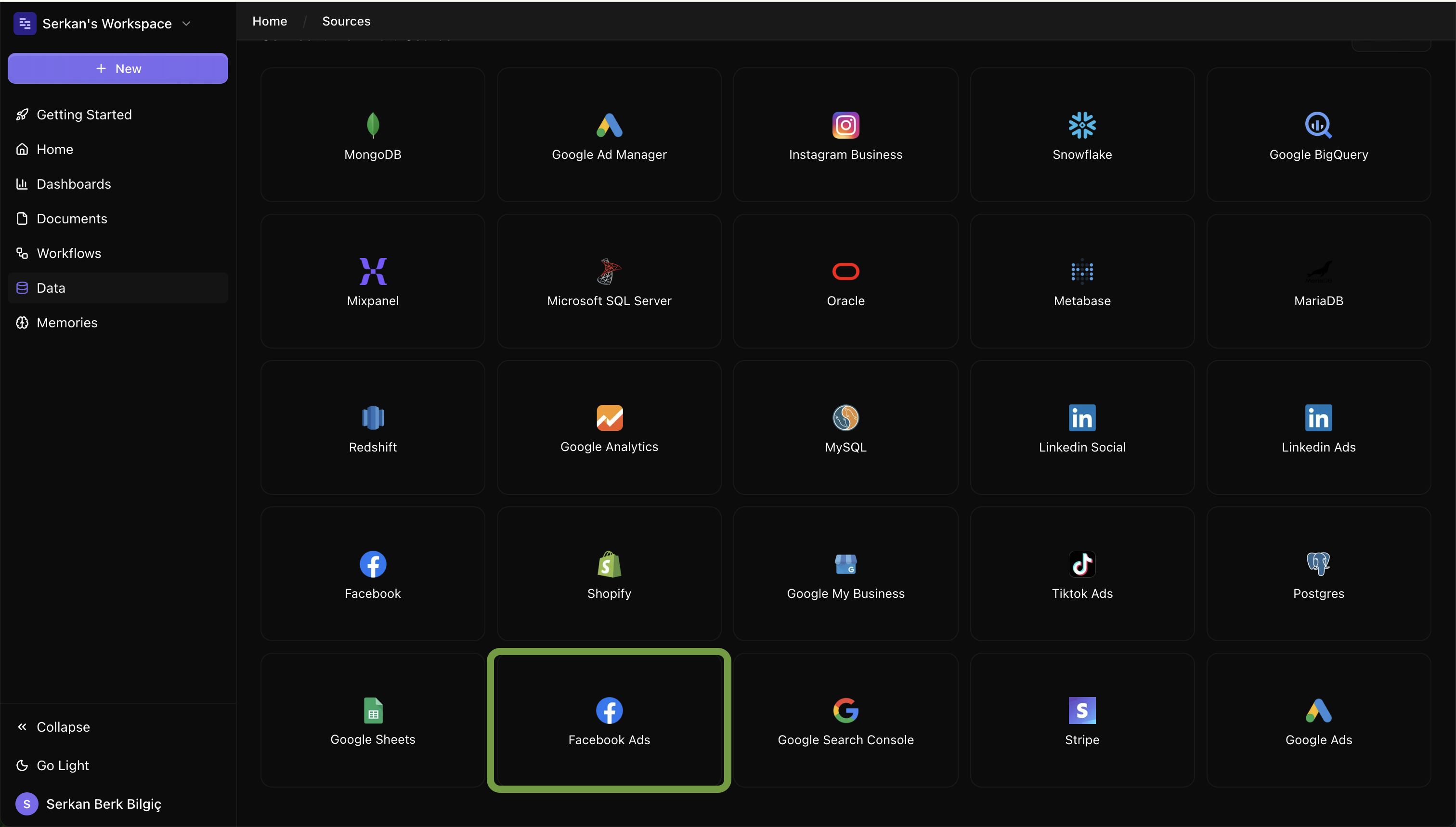 Facebook Ads connect screen on Datapad UI