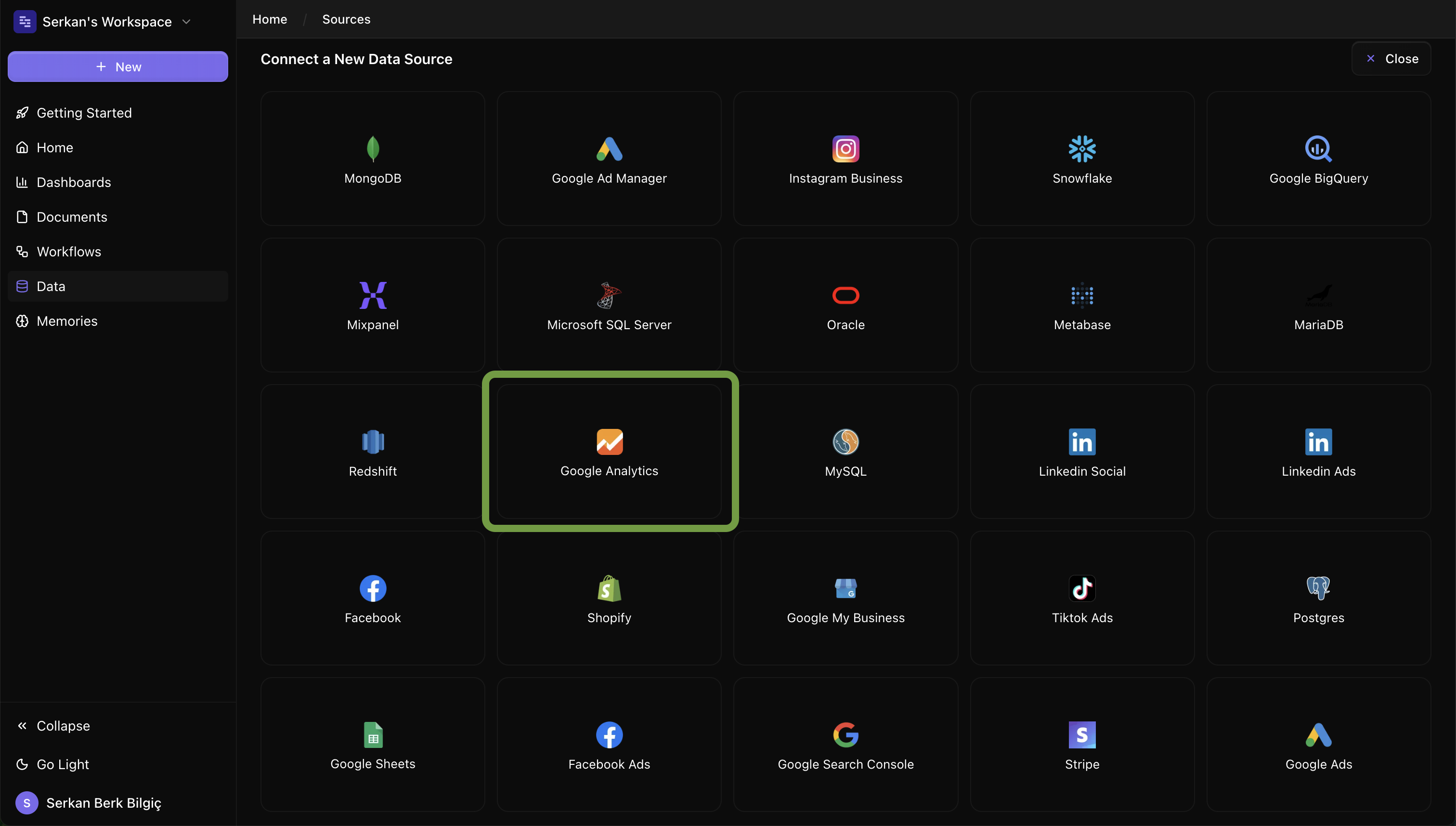 Google Analytics connect screen on Datapad UI