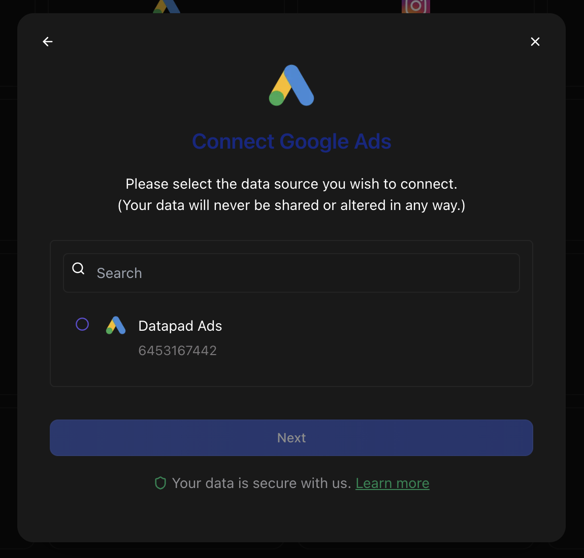 Google Ads account selection