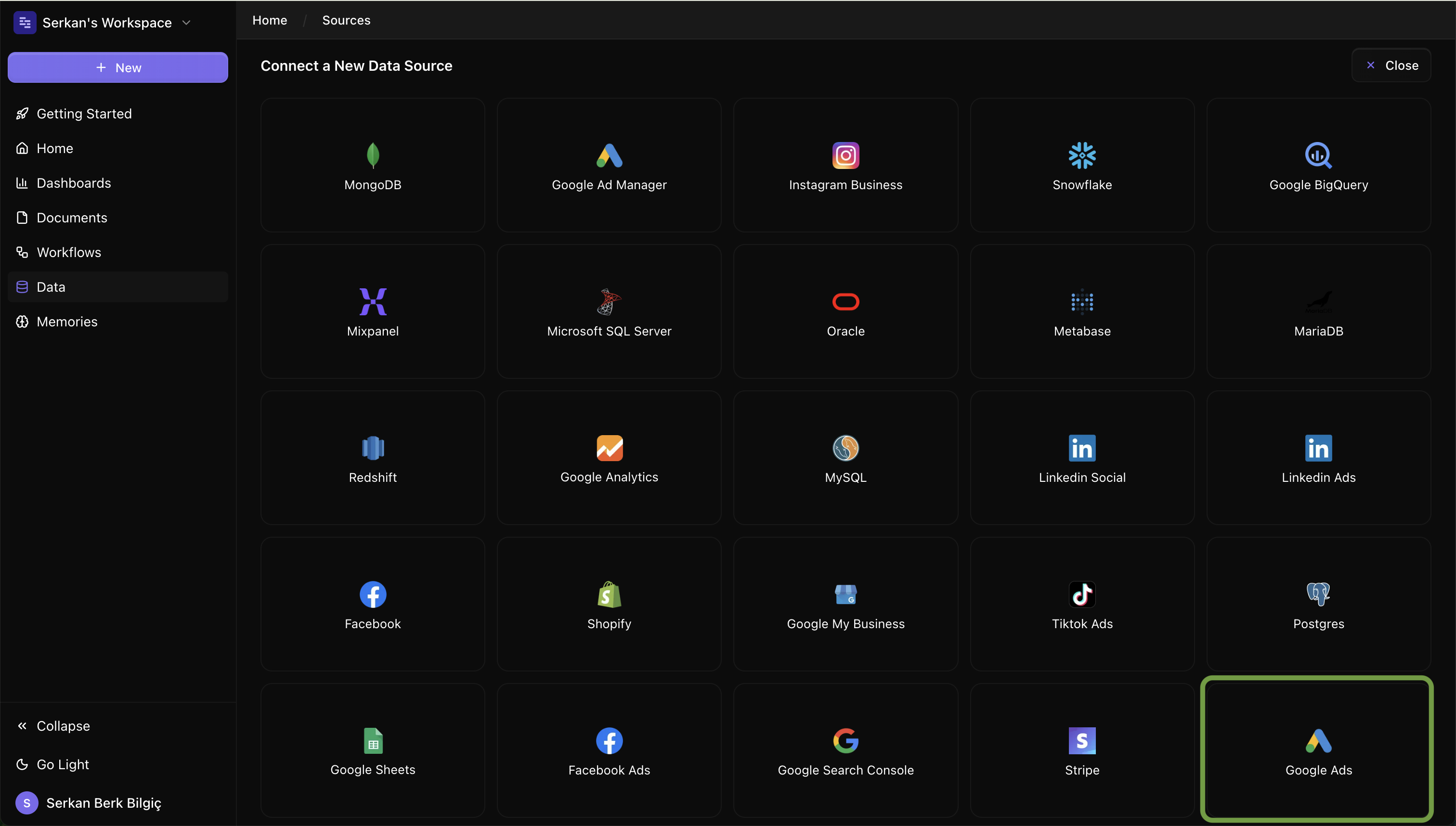 Google Ads connect screen on Datapad UI