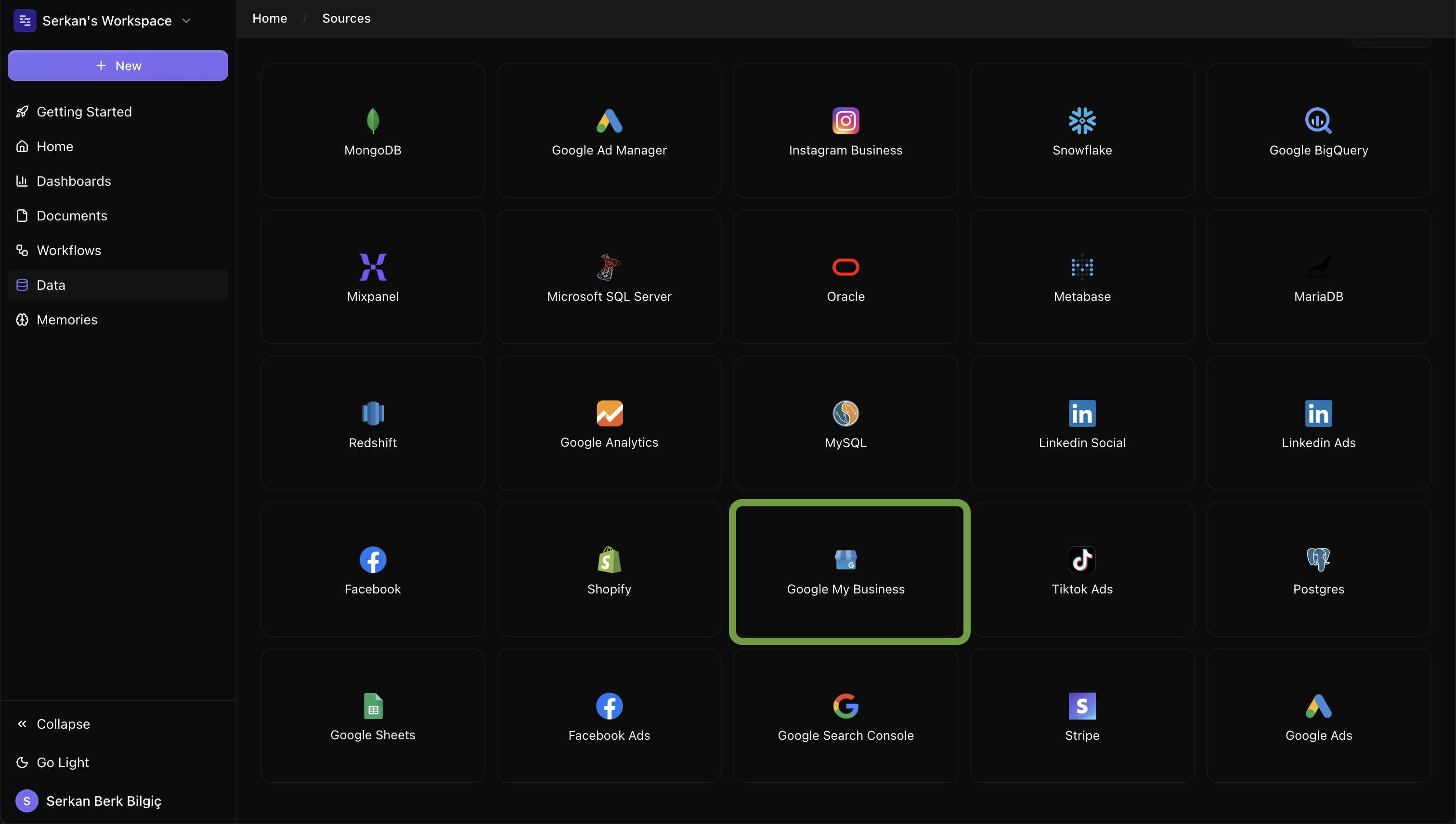 Google My Business connect screen on Datapad UI