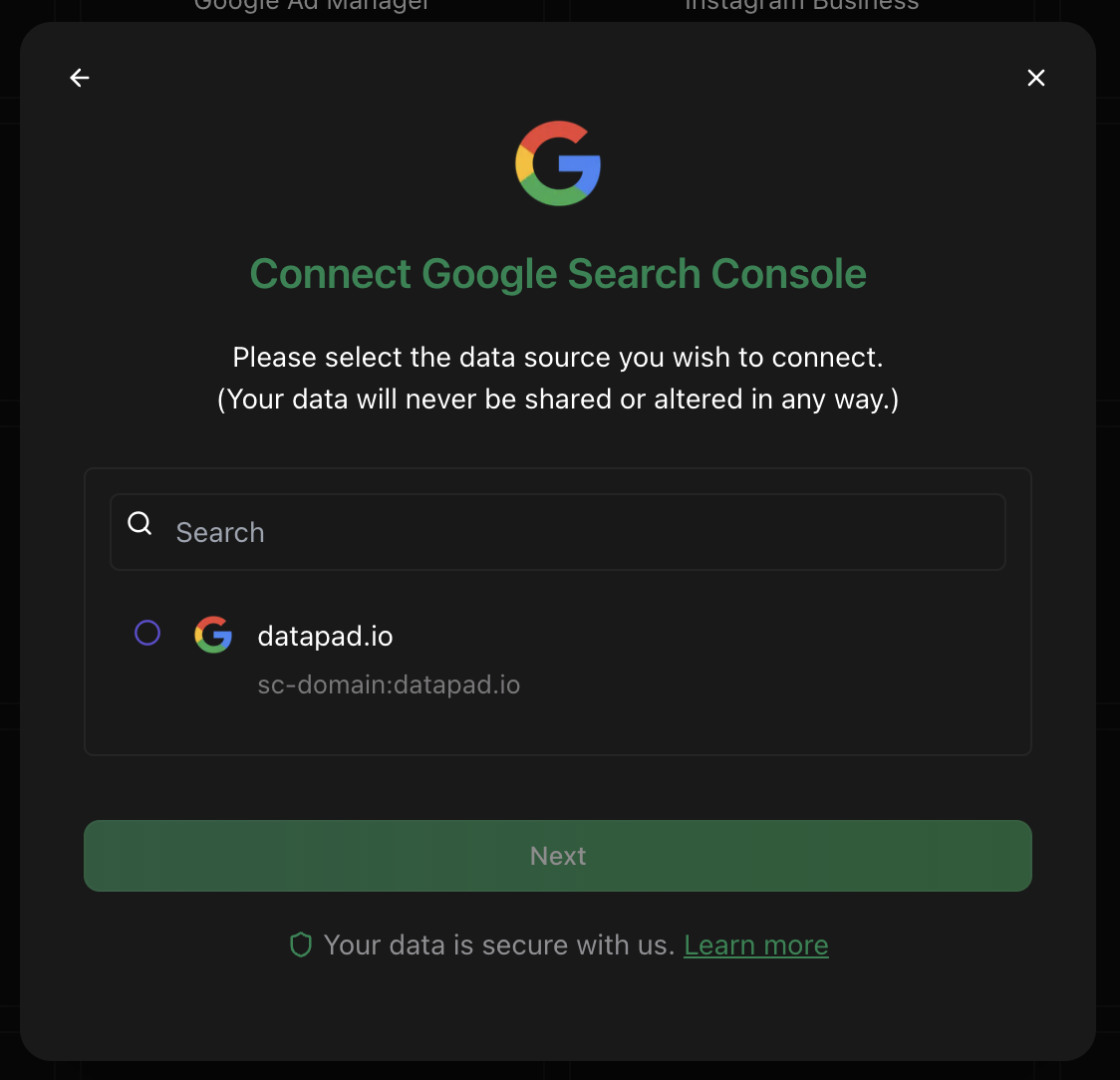Google Search Console property selection