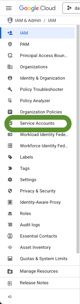 Google Cloud service account sidebar