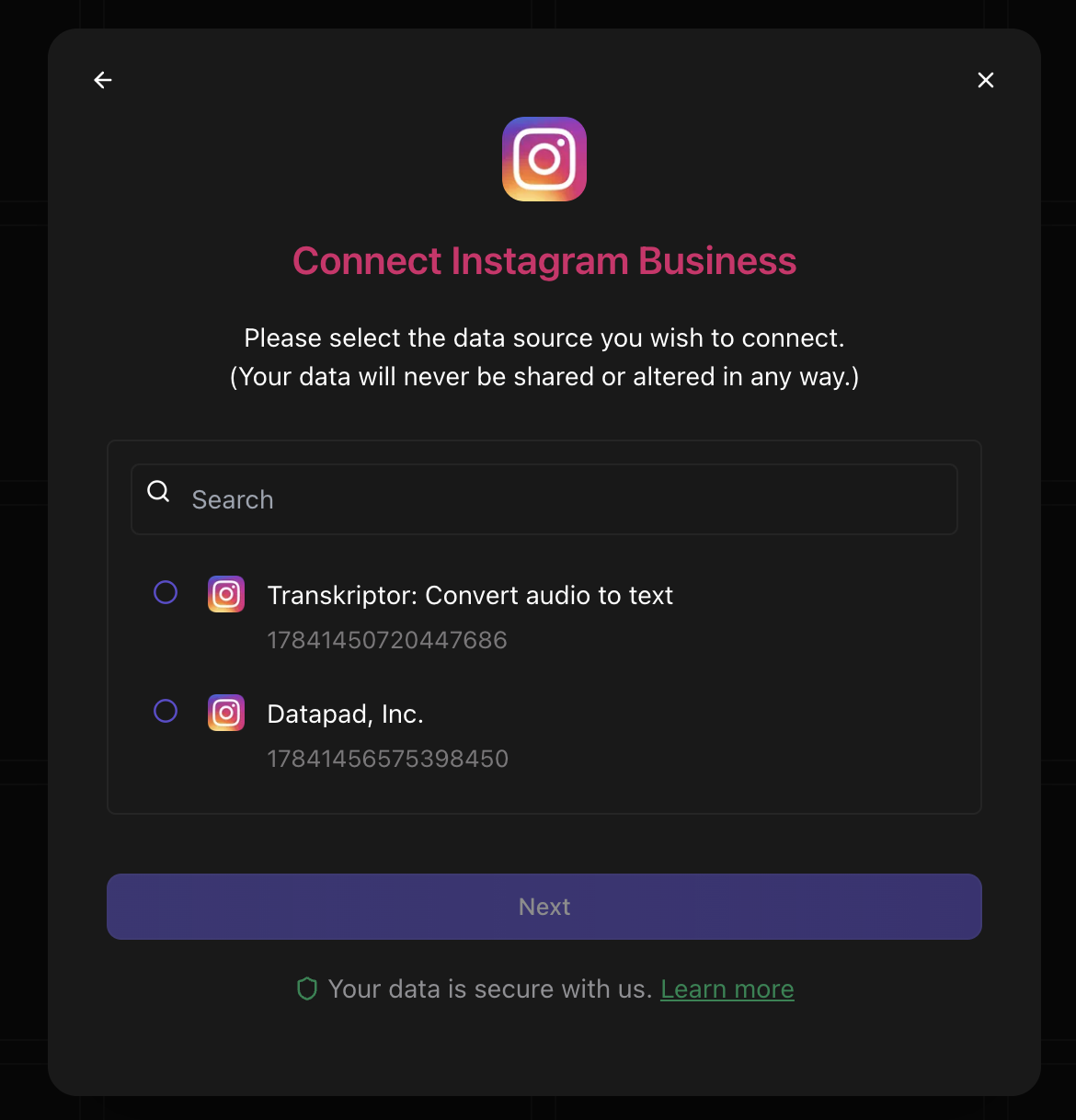 Instagram Business account selection