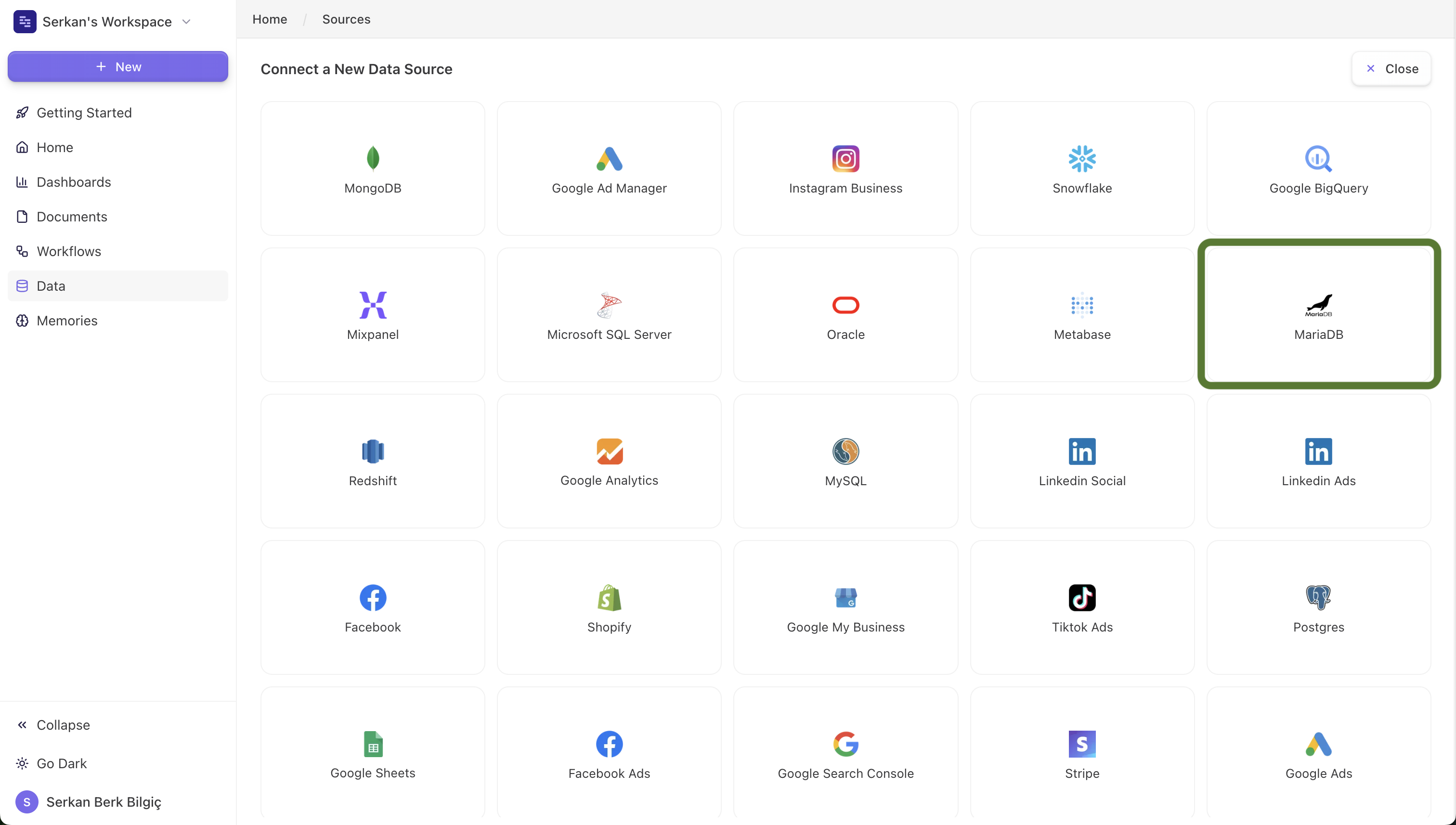MariaDB connect screen on Datapad UI