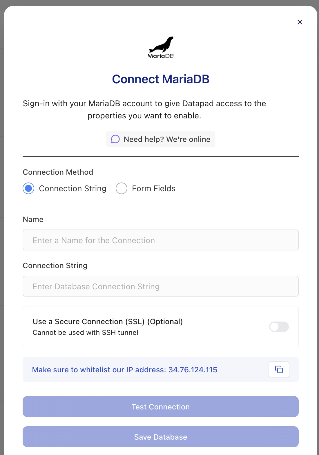 MariaDB connection string form in Datapad