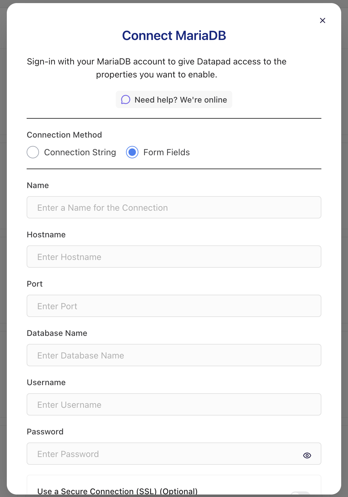 MariaDB connection form in Datapad
