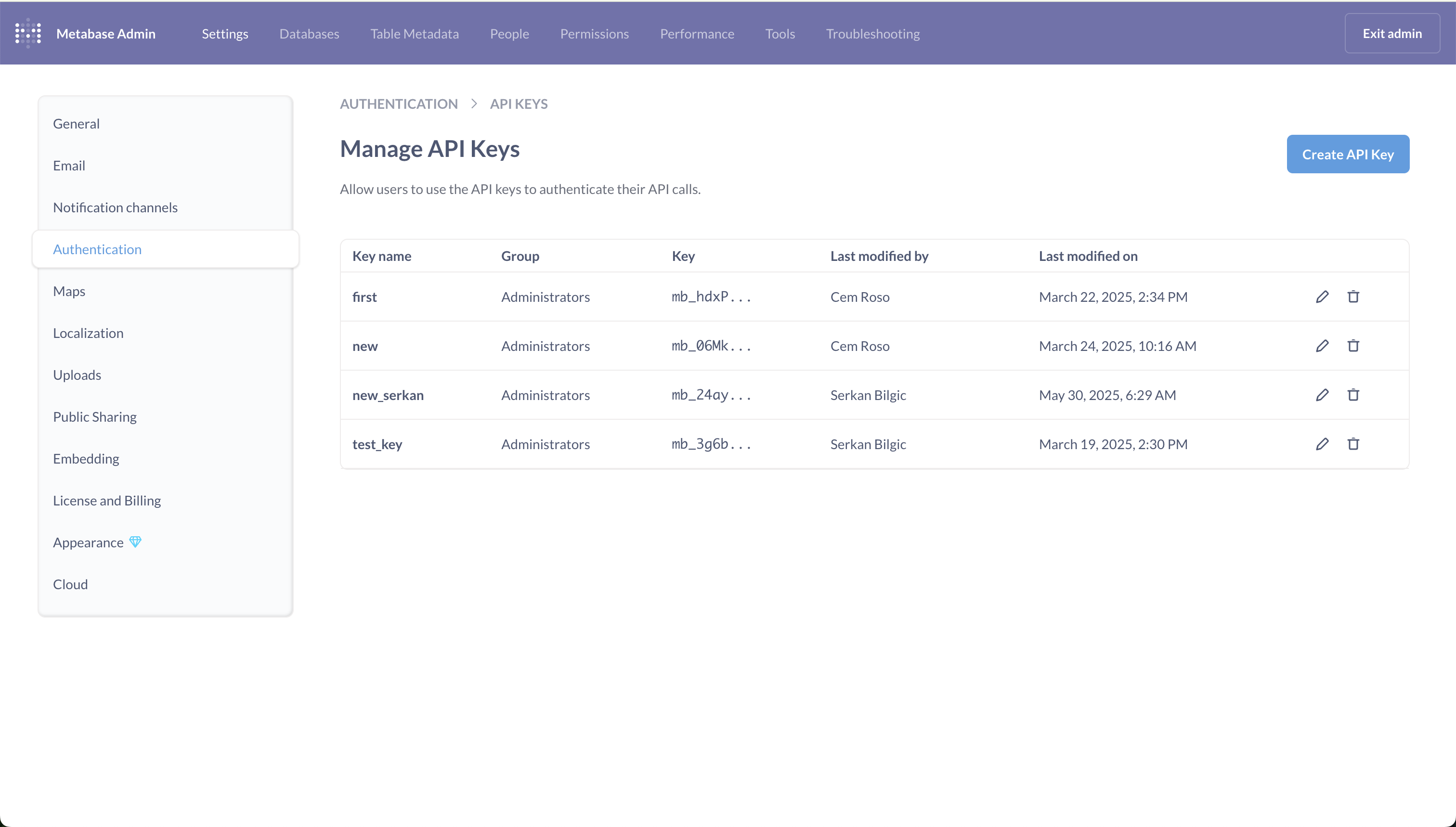 Metabase API key generation
