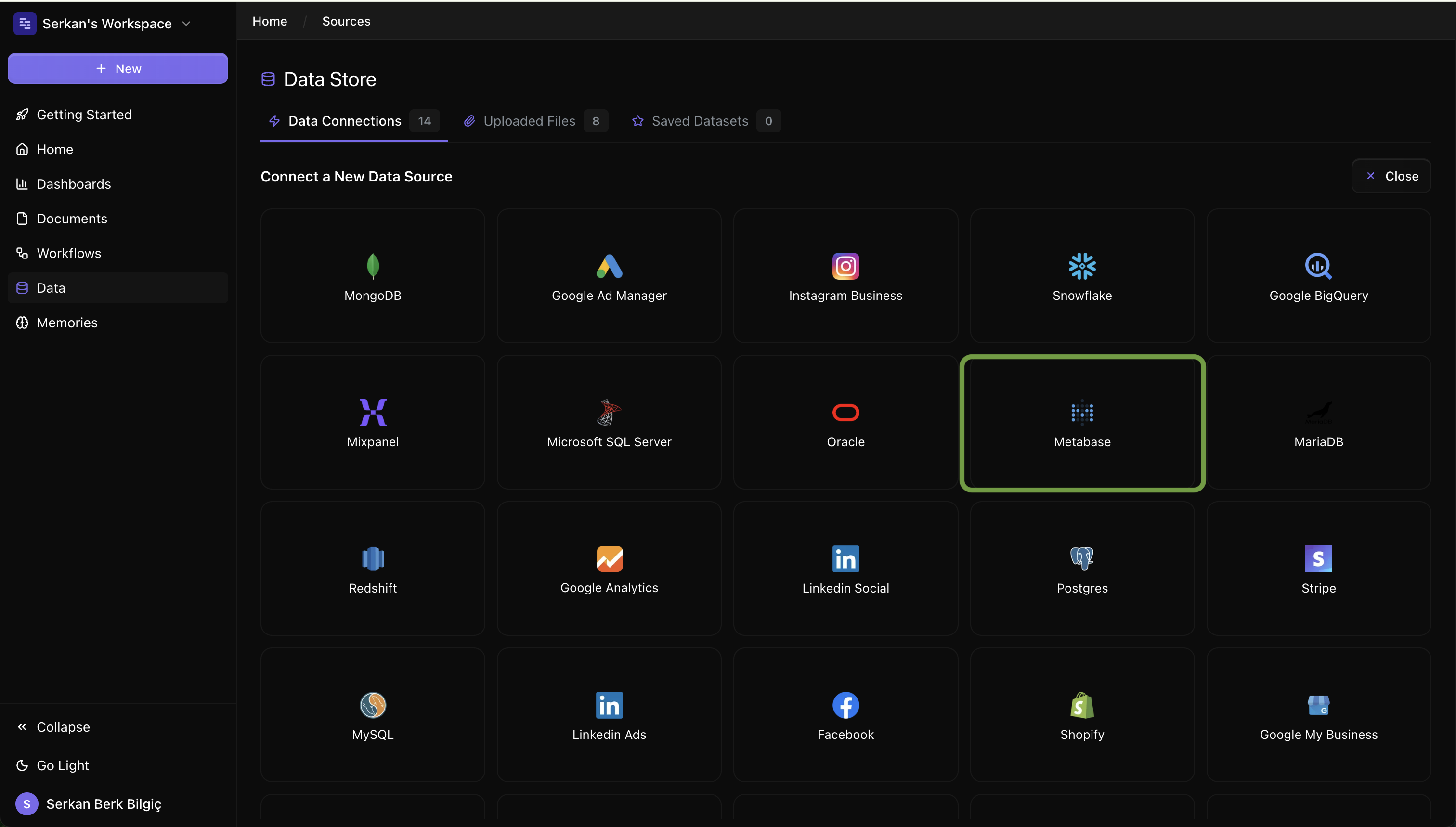 Metabase connect screen on Datapad UI