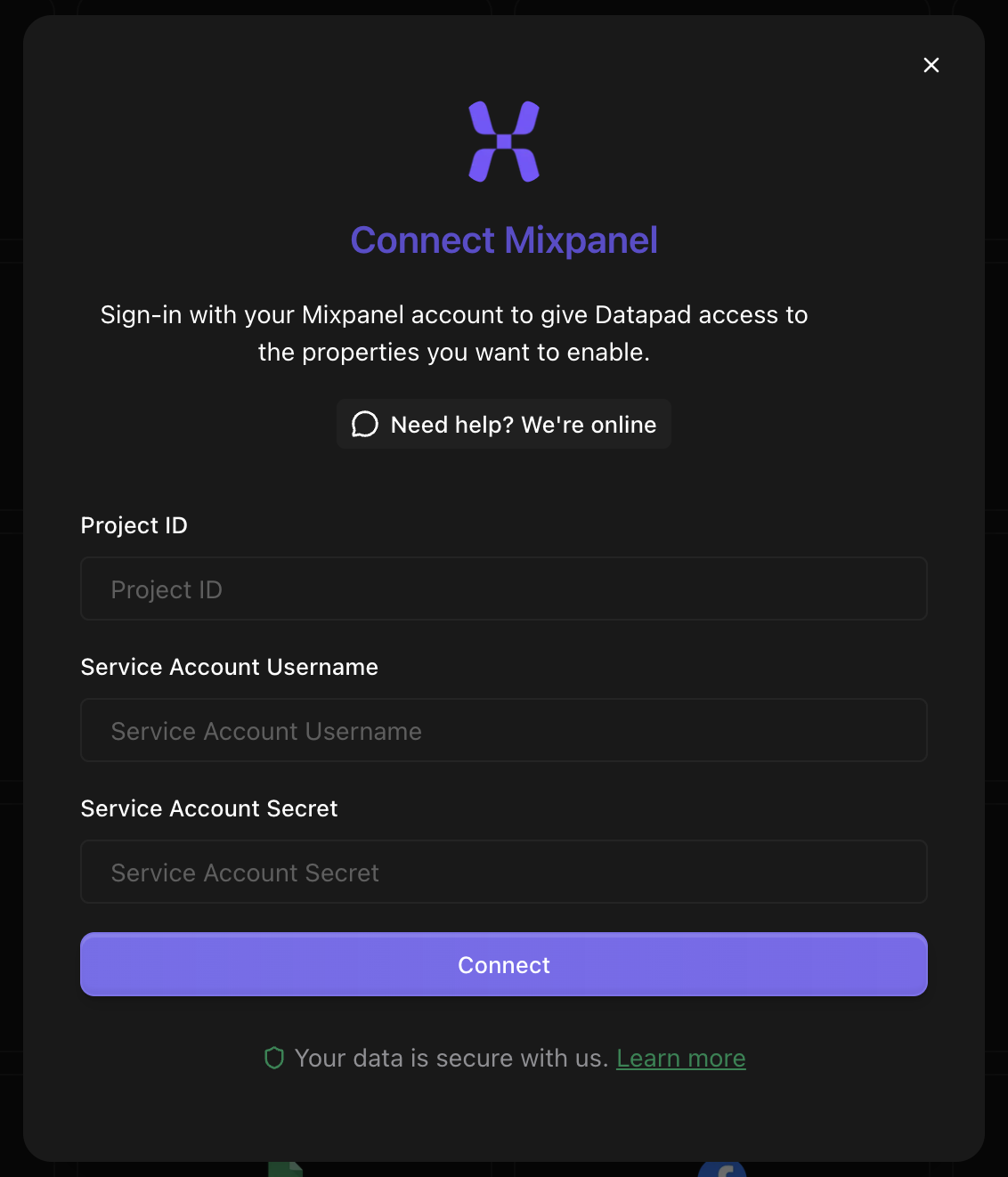 Mixpanel connect screen on Datapad UI