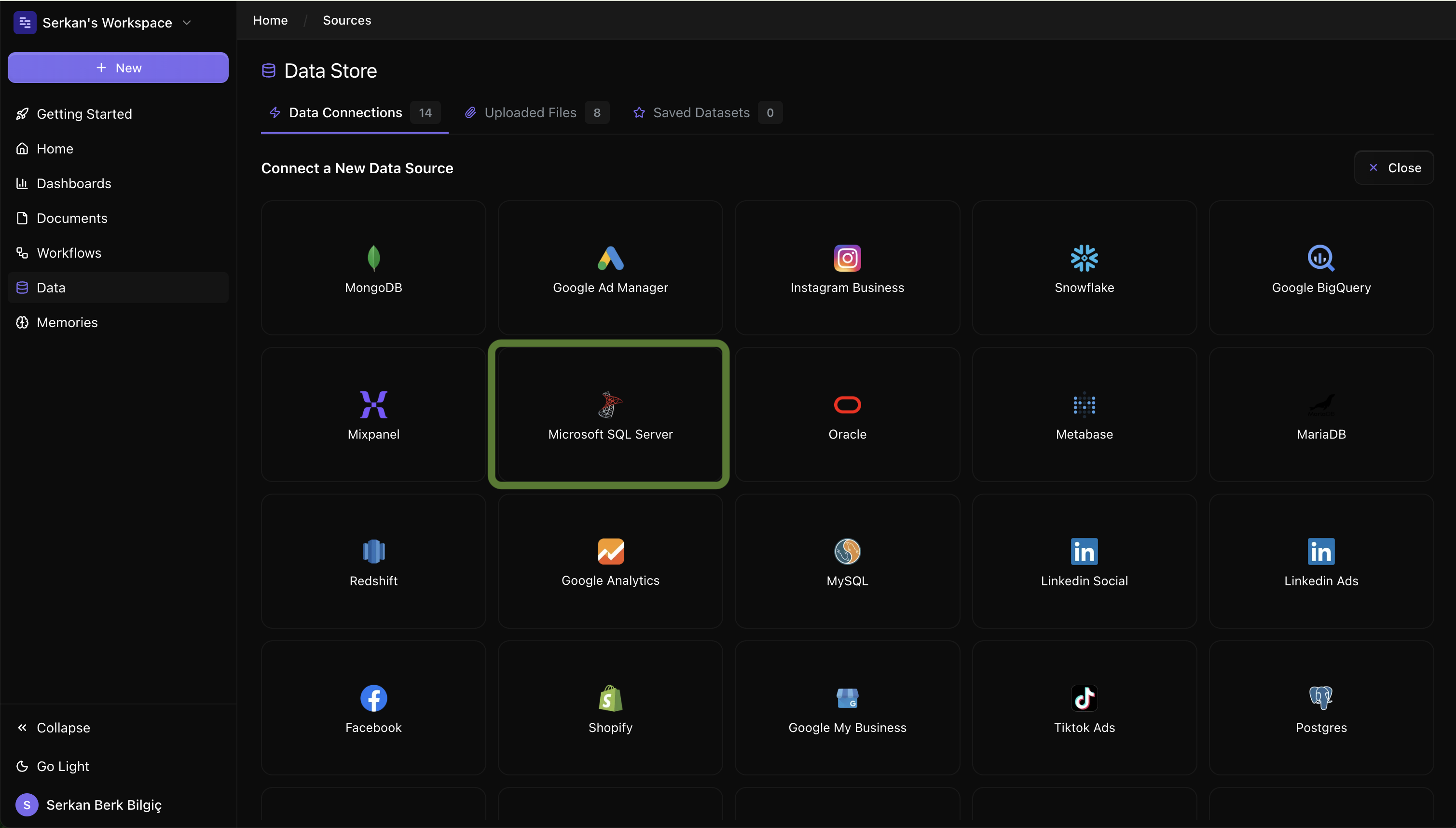 SQL Server connect screen on Datapad UI