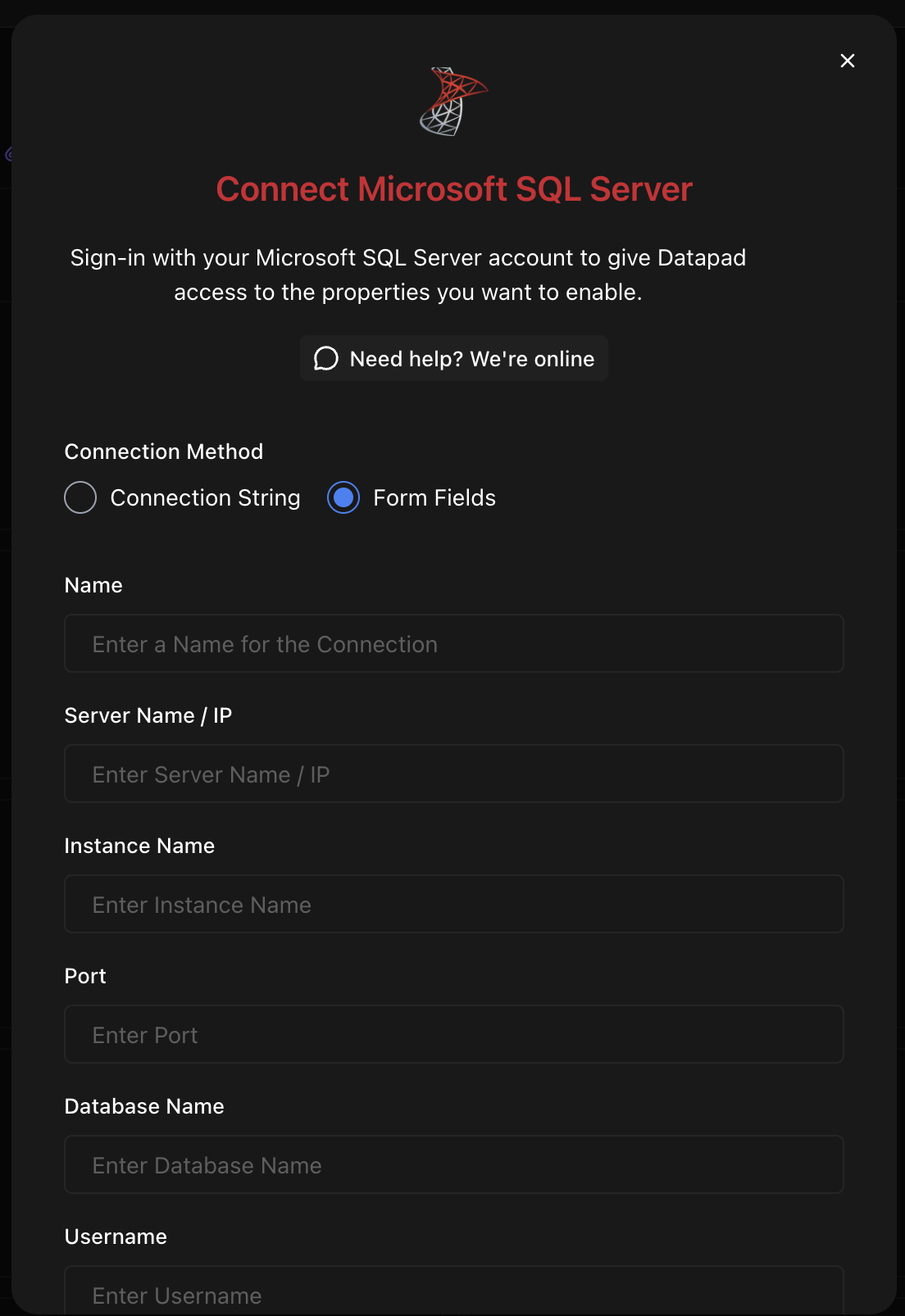 SQL Server connection form