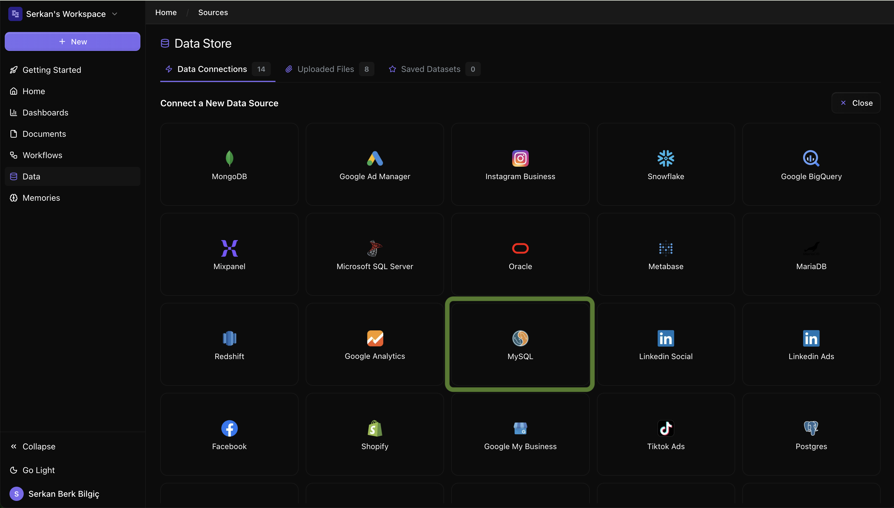 MySQL connect screen on Datapad UI