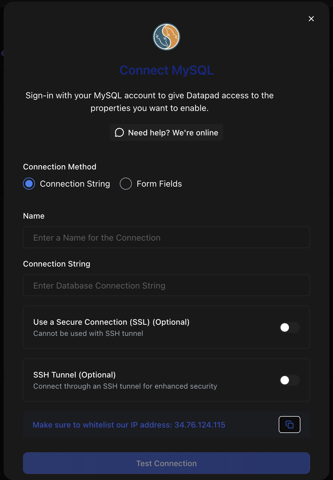 MySQL connection string form in Datapad
