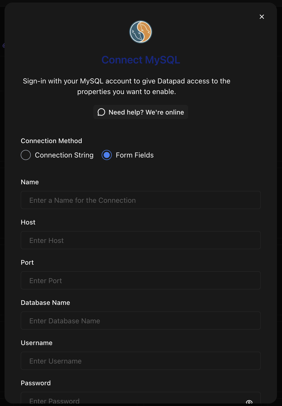 MySQL connection form in Datapad