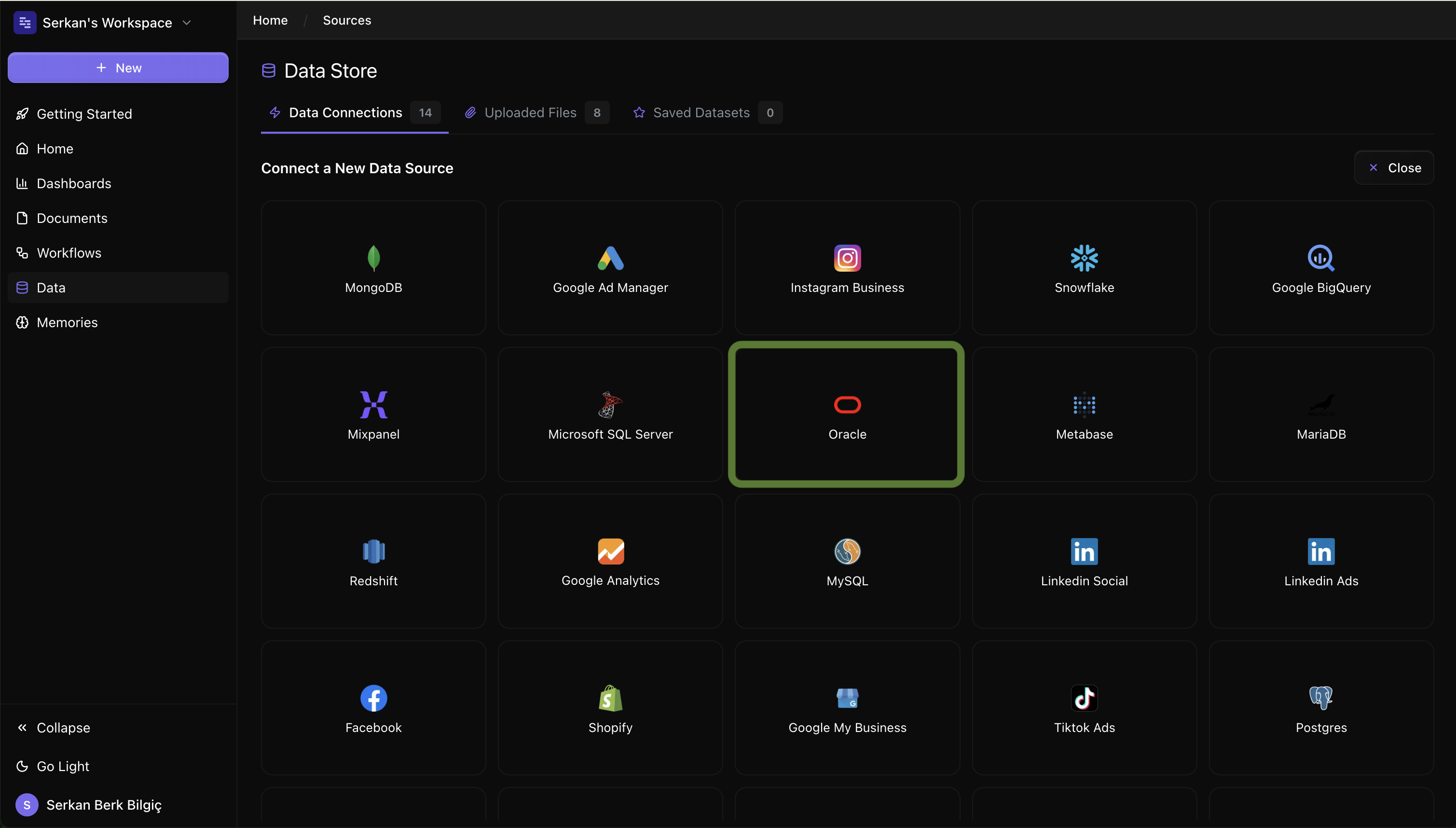 Oracle connect screen on Datapad UI