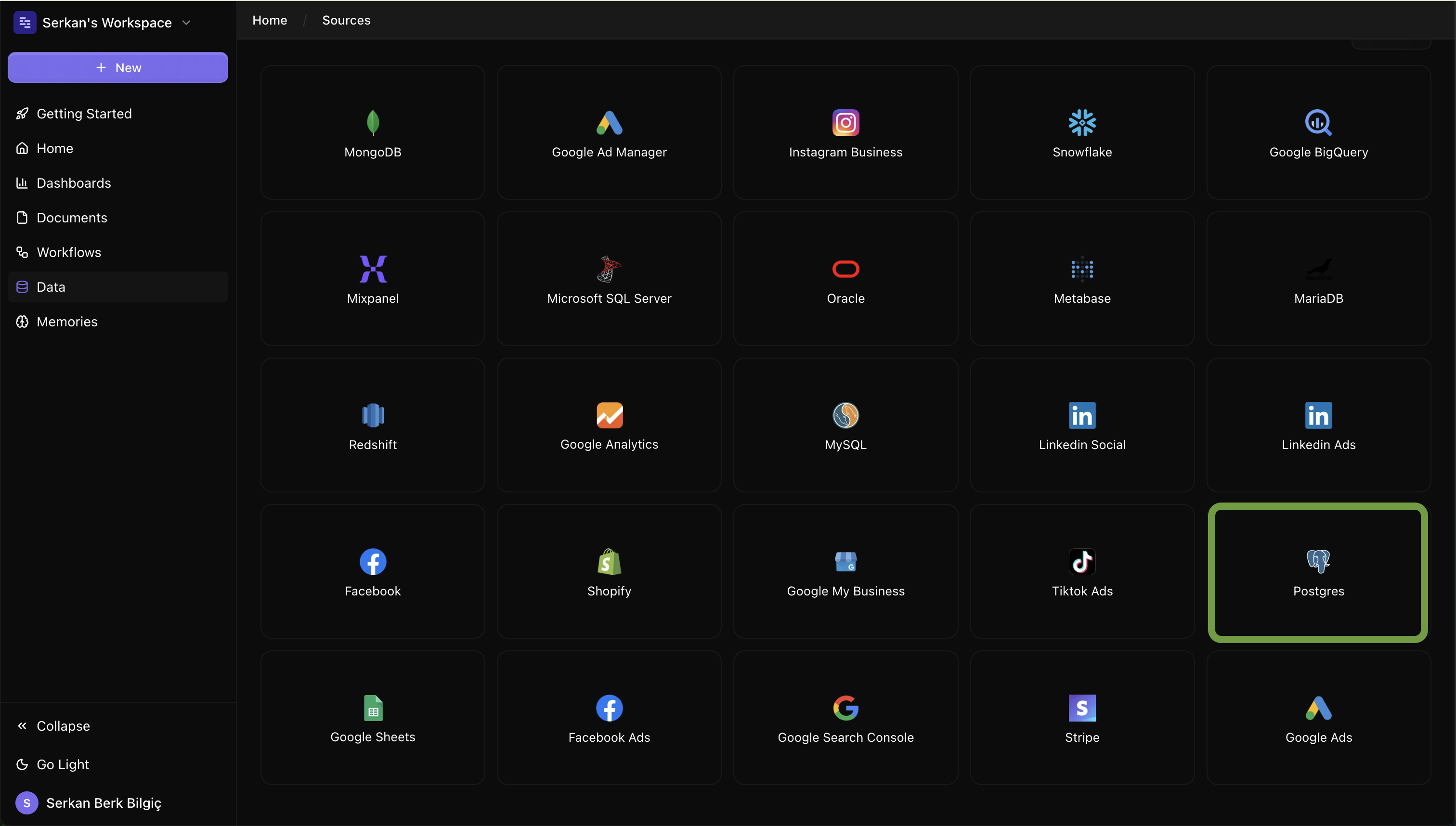 PostgreSQL connect screen on Datapad UI