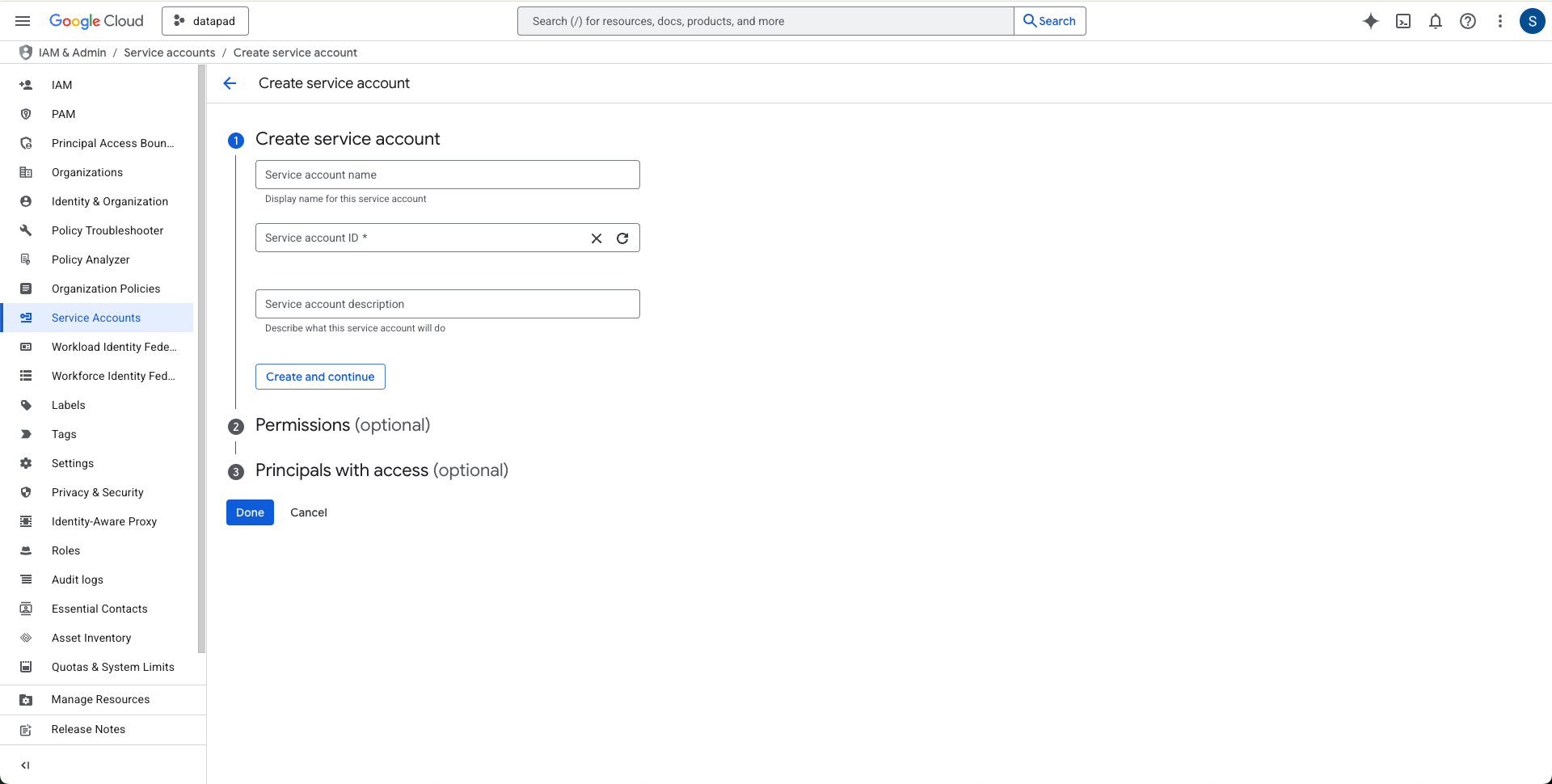 Google Cloud service account settings