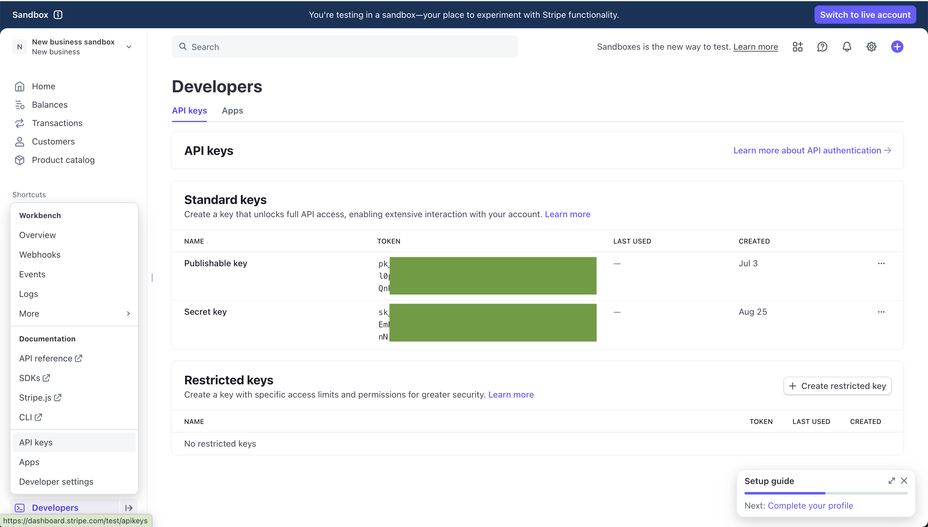 Stripe API key creation