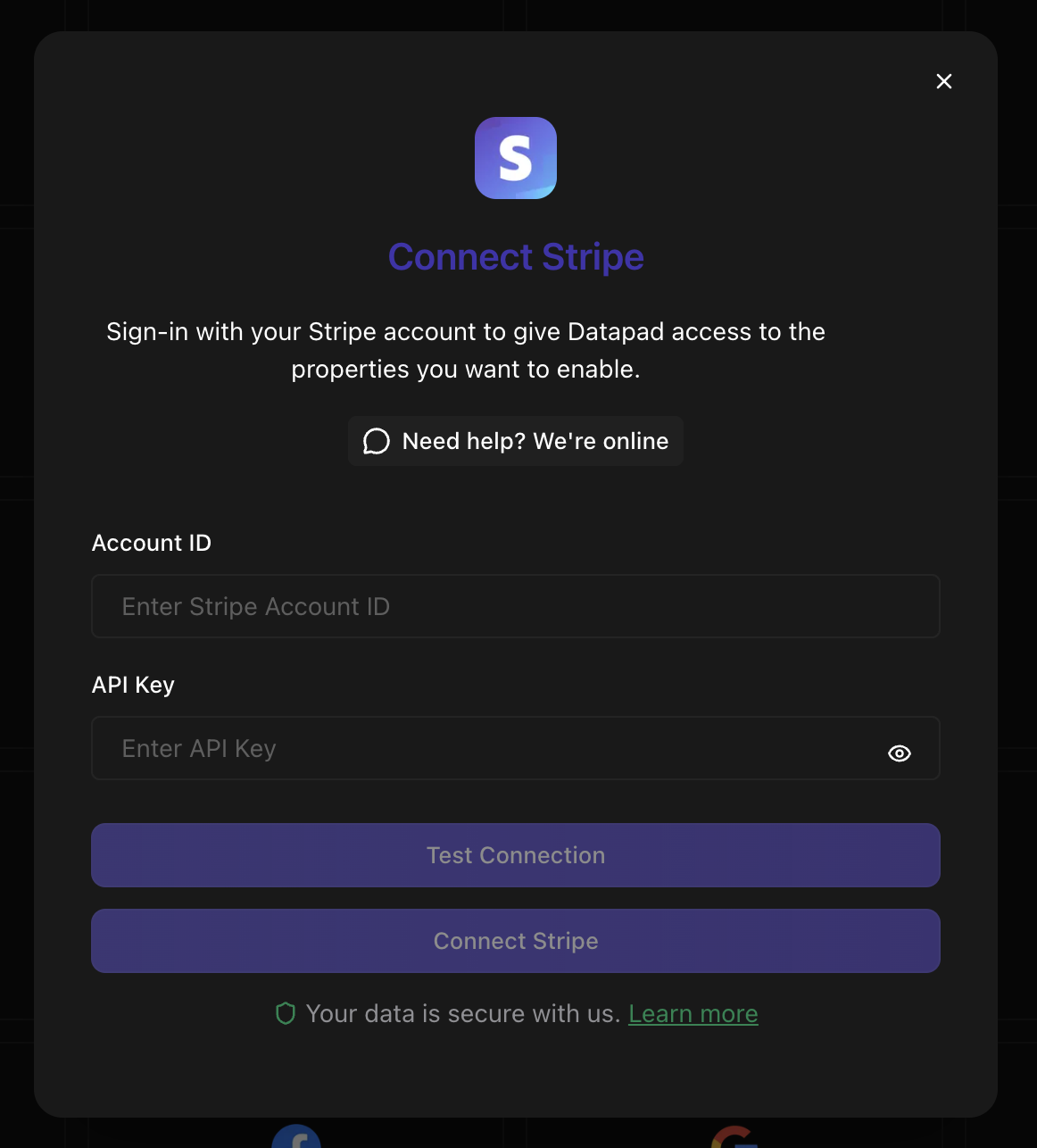 Stripe API key entry