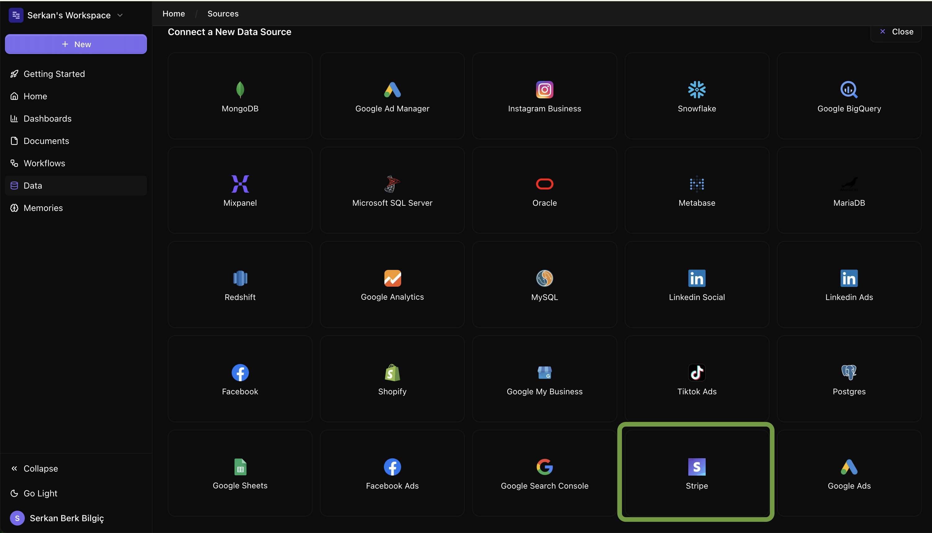 Stripe connect screen on Datapad UI