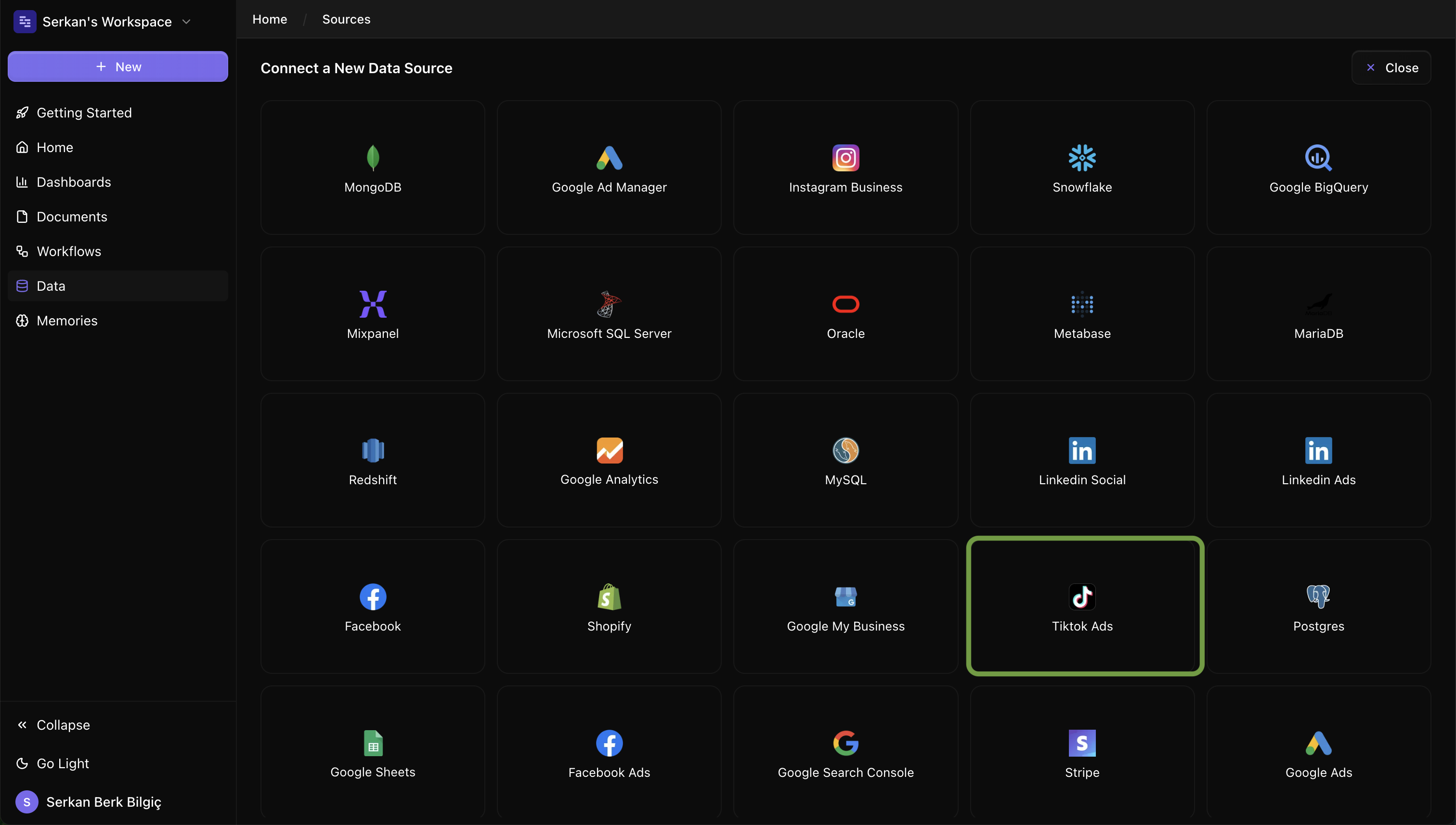 TikTok Ads connect screen on Datapad UI
